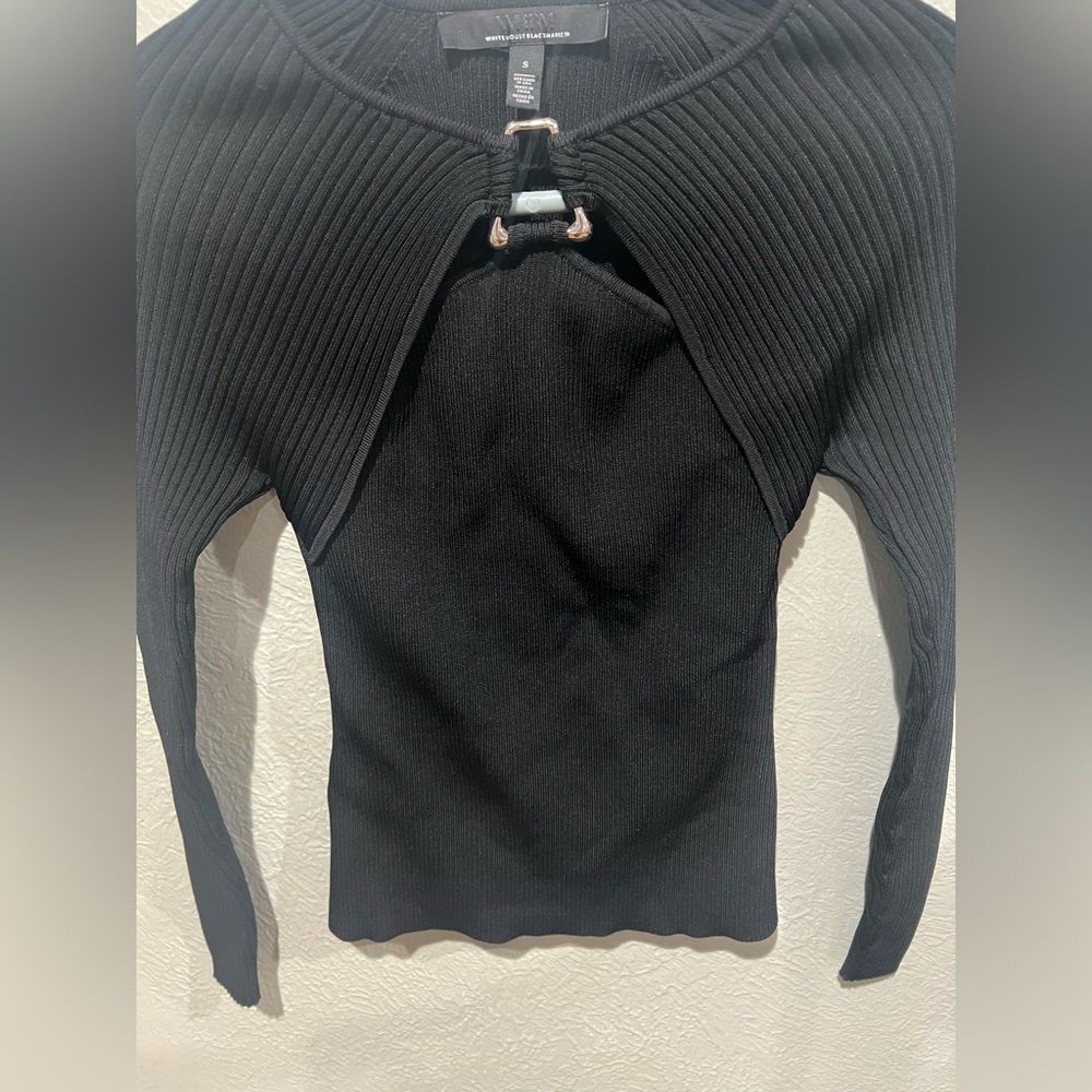 White House Black Market Black Ribbed Blouse Buckle Detail Size Small EUC Y2K - Picture 3 of 4